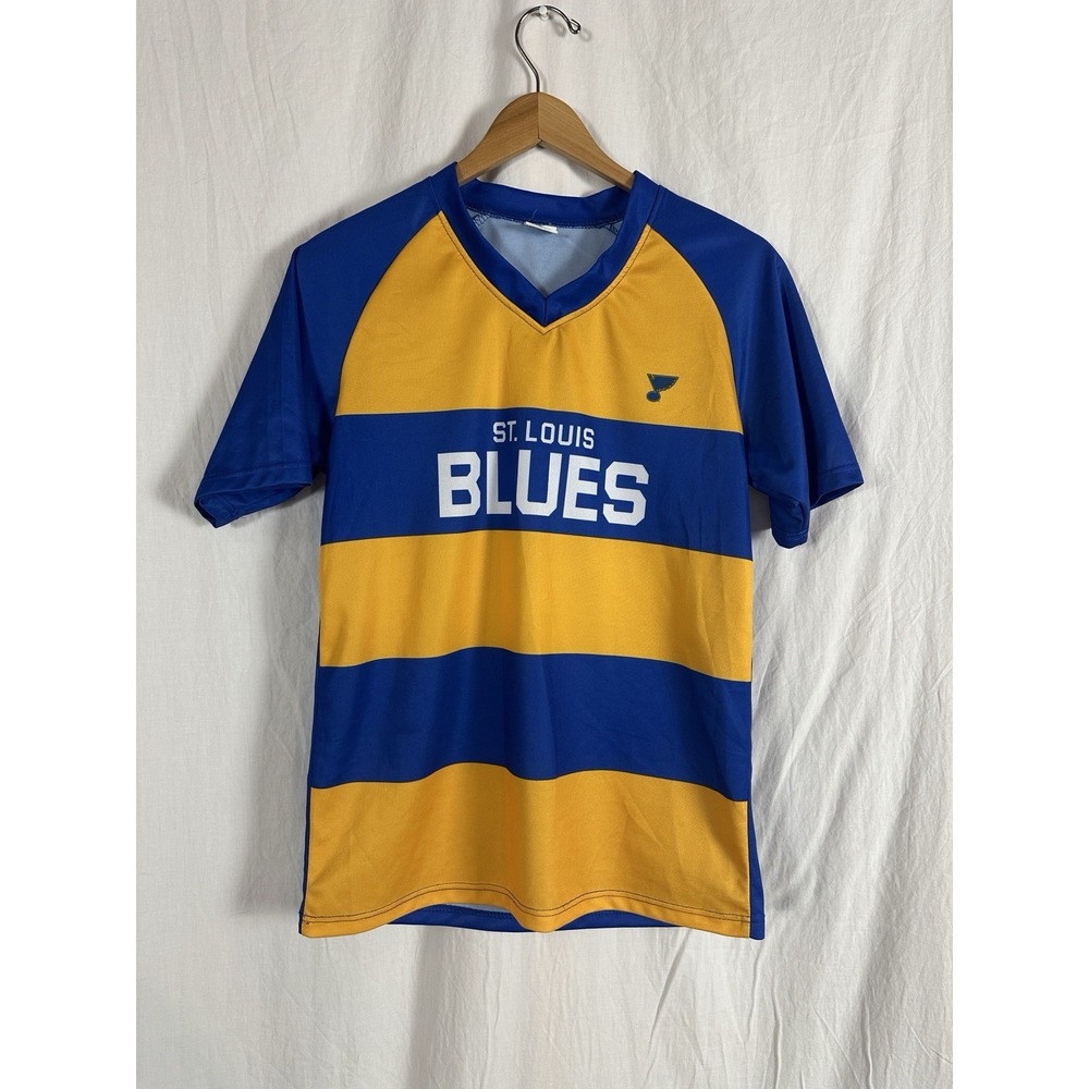 St. Louis Blues shirt jersey Short Sleeve Blue Yellow Stripe Size Small V-Neck